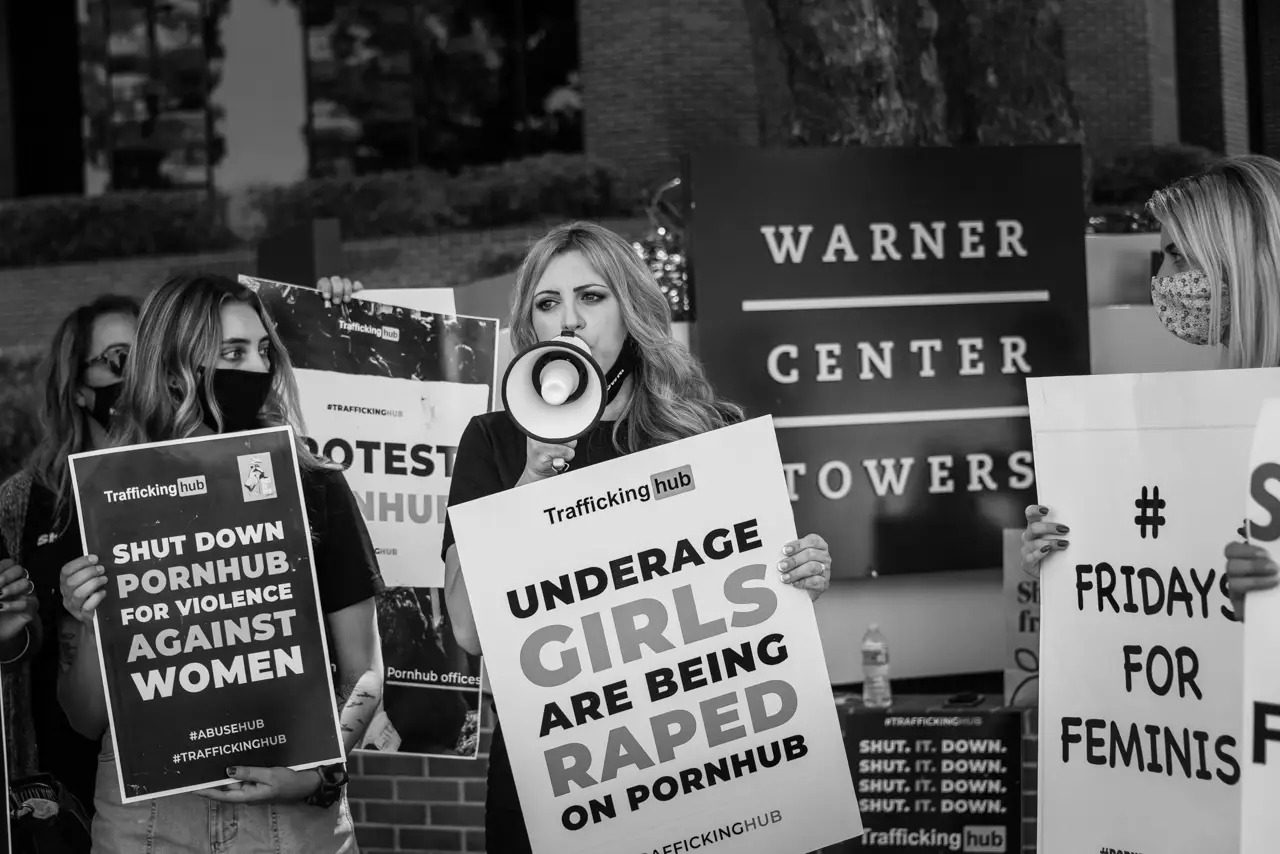 Laila Mickelwait speaks at a Traffickinghub protest